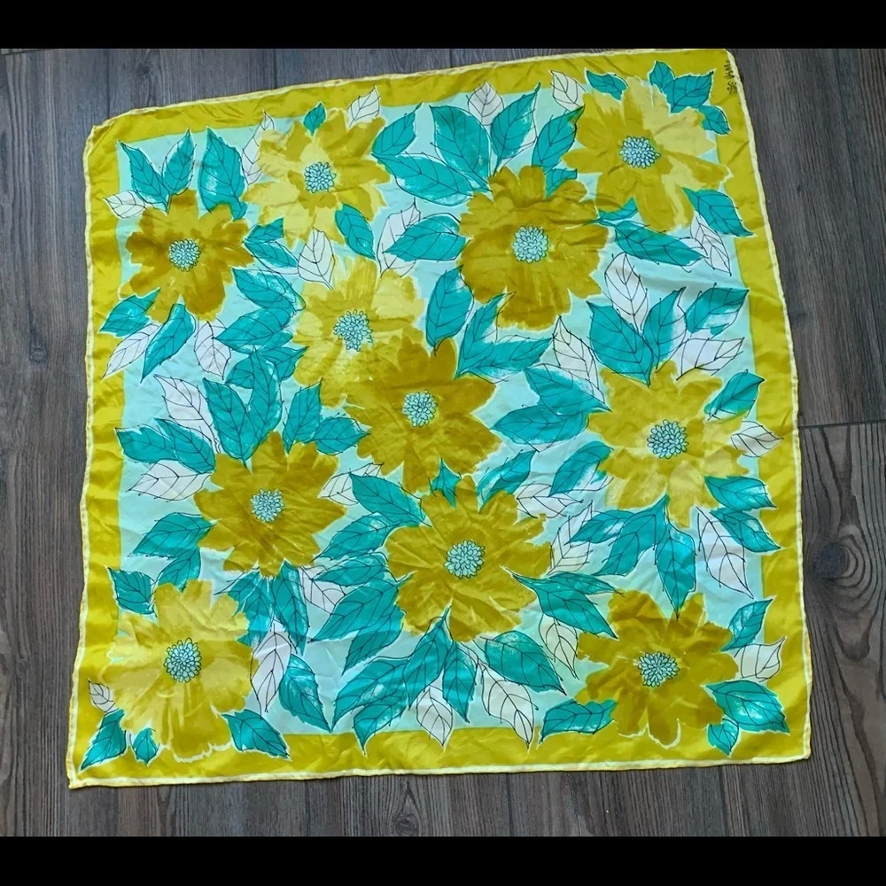 Yellow Floral Scarf with Teal Leaves